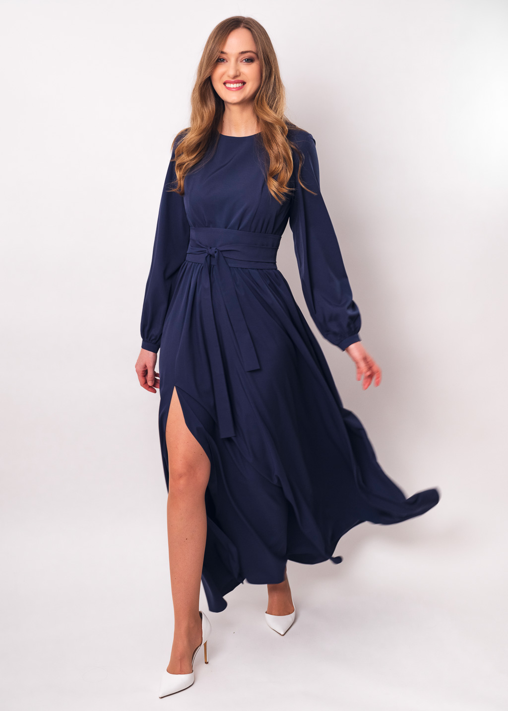 Navy blue slit dress with belt
