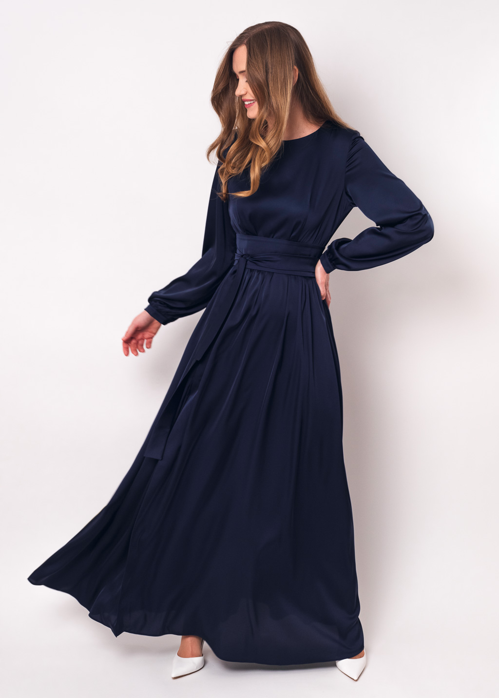 Navy blue long silk dress with belt