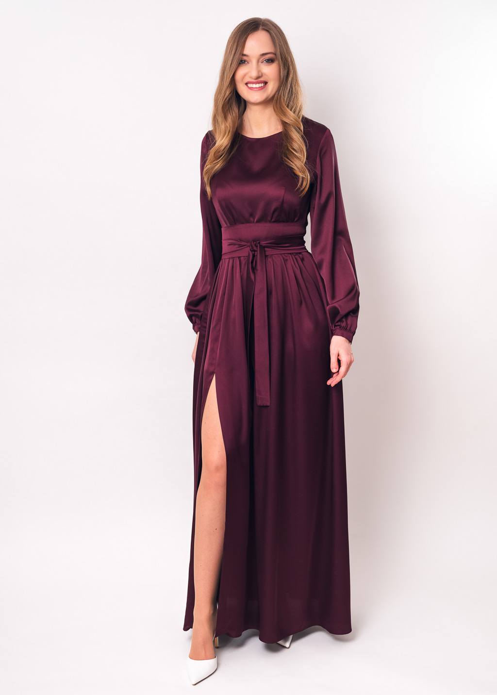 Dark burgundy slit silk dress with belt