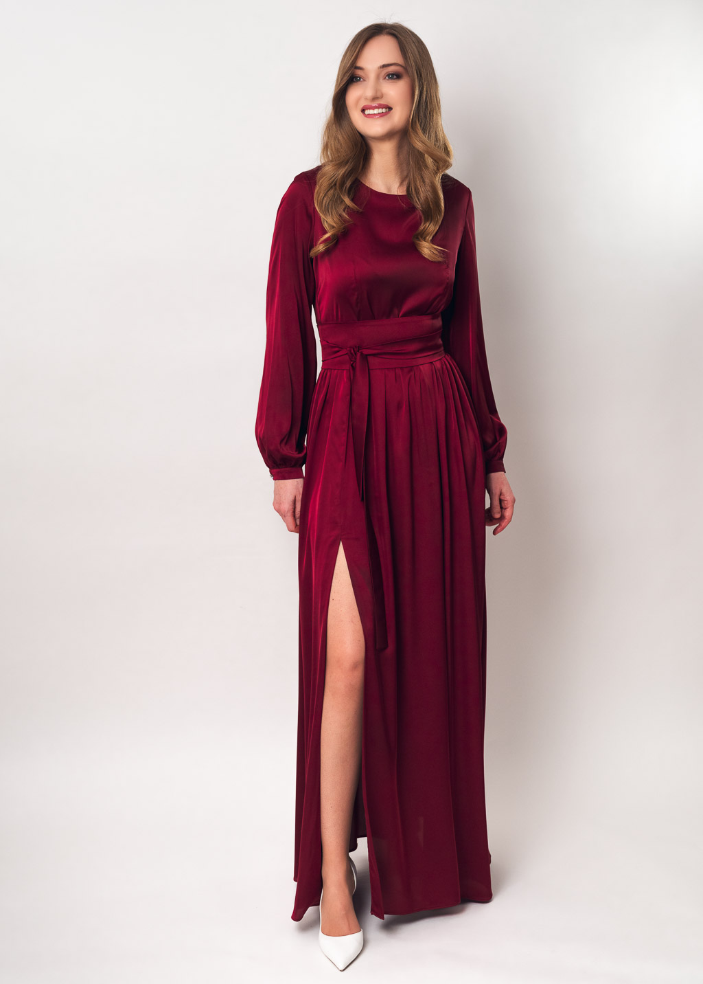 Burgundy slit silk dress with belt