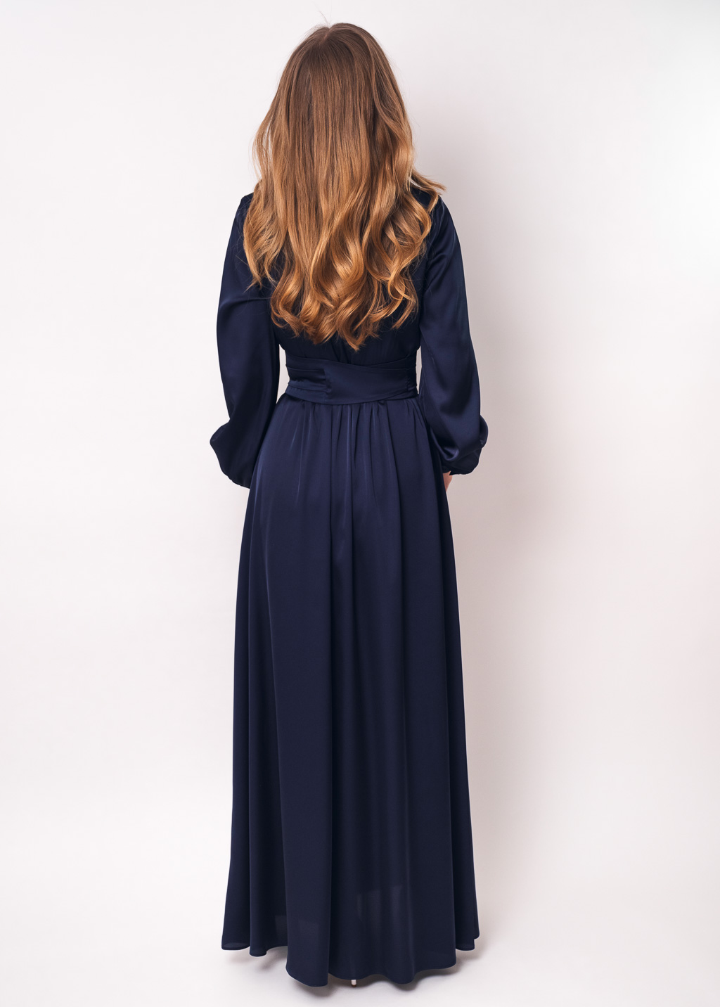 Navy blue long silk dress with belt