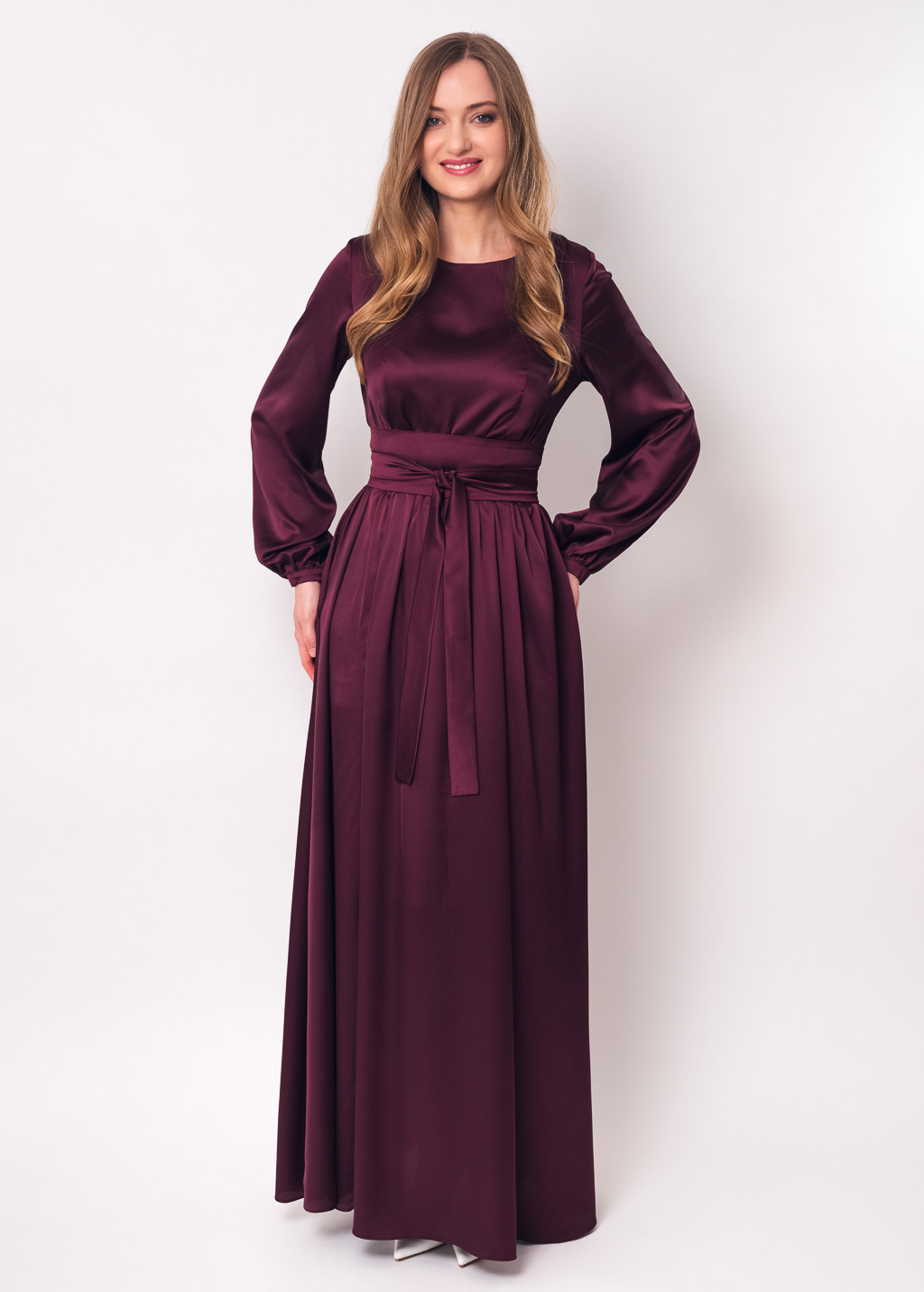 Dark burgundy slit silk dress with belt