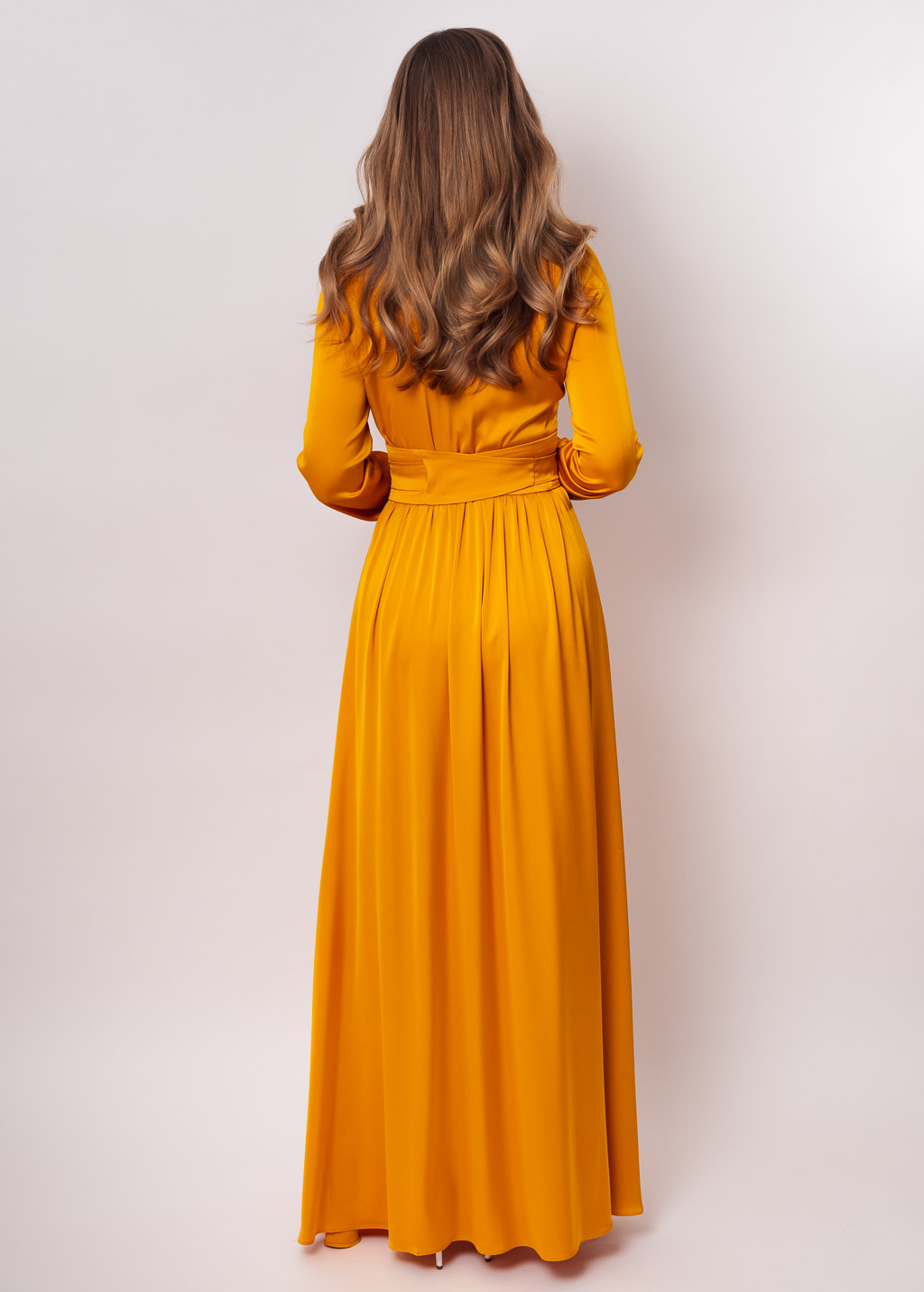 Gold long silk dress with belt