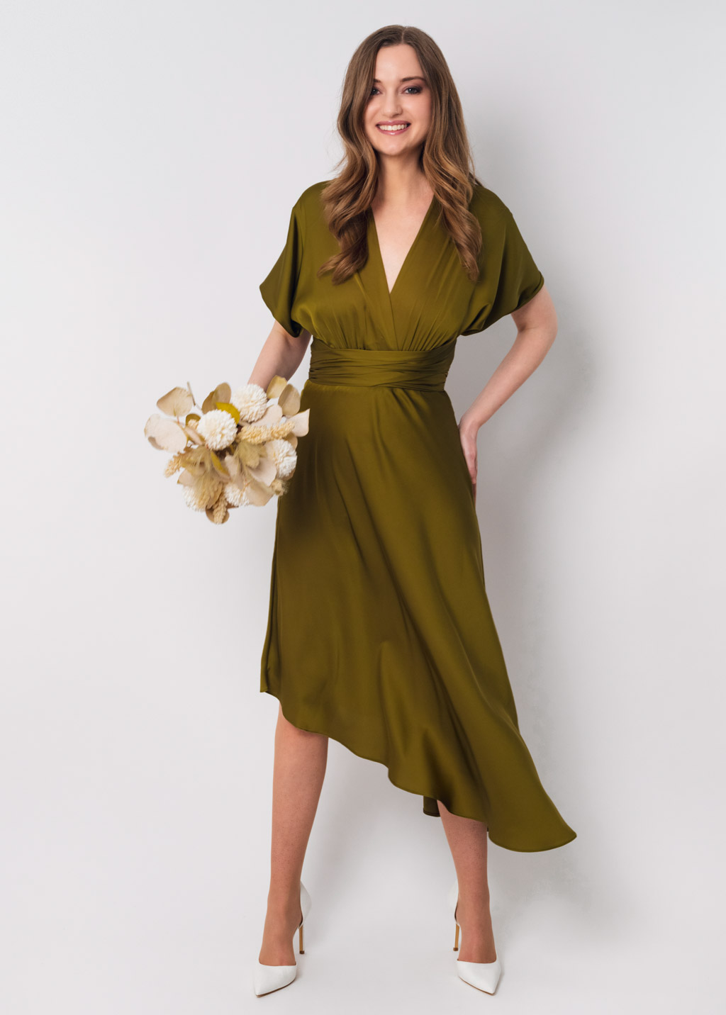 Olive silk infinity asymmetric dress