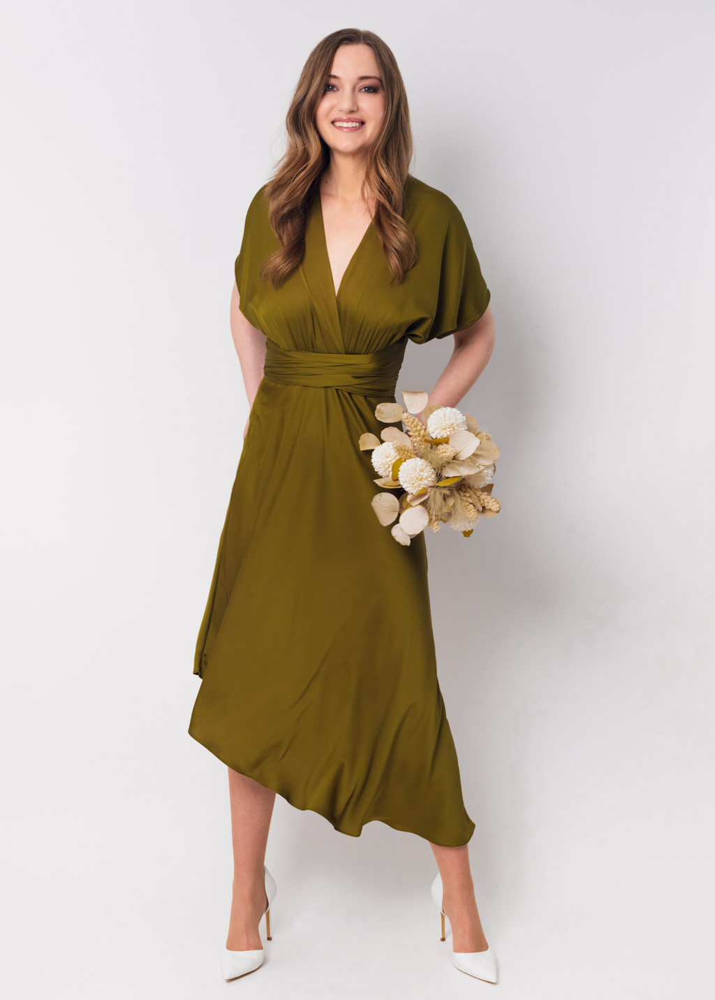 Olive silk infinity asymmetric dress