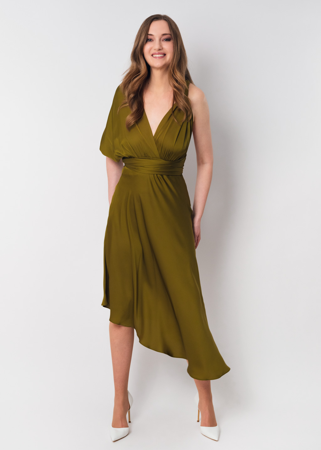 Olive silk infinity asymmetric dress