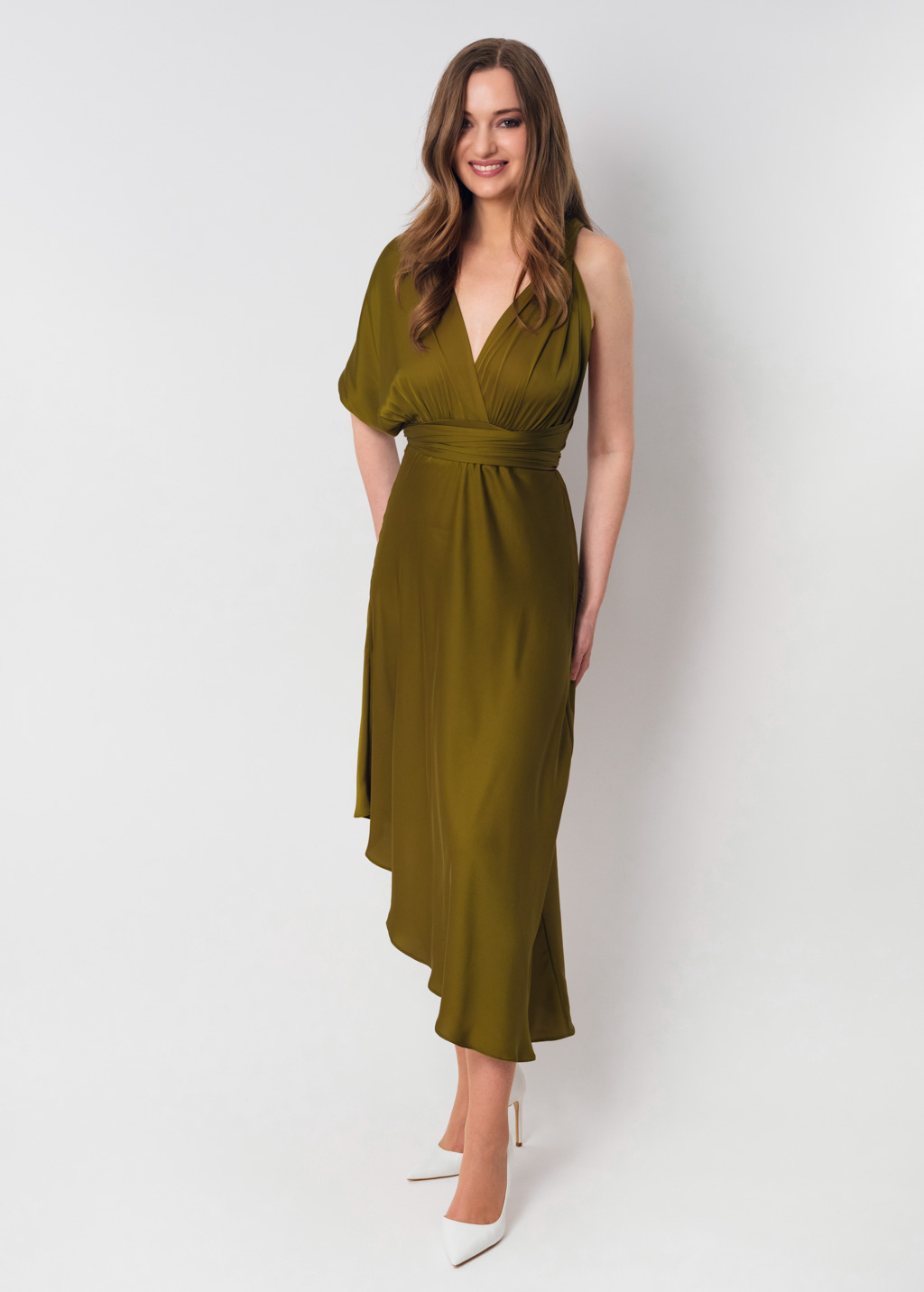 Olive silk infinity asymmetric dress