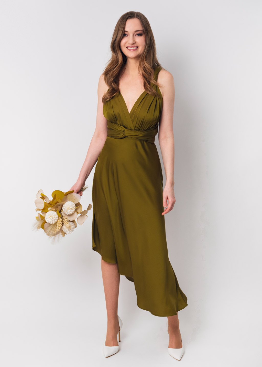 Olive silk infinity asymmetric dress