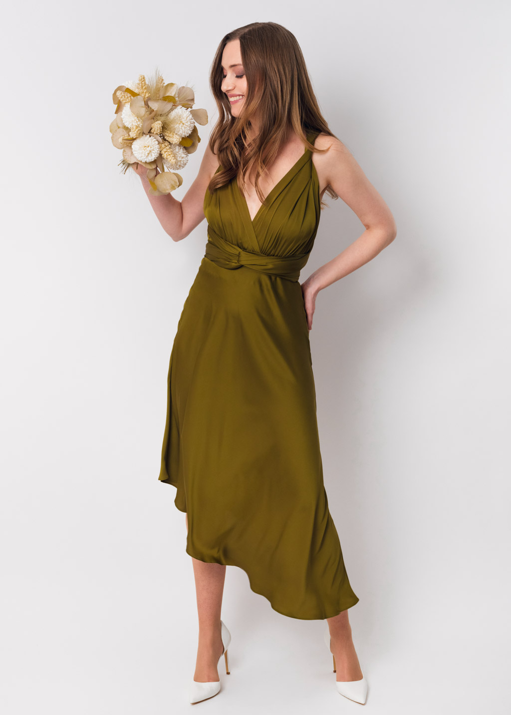 Olive silk infinity asymmetric dress