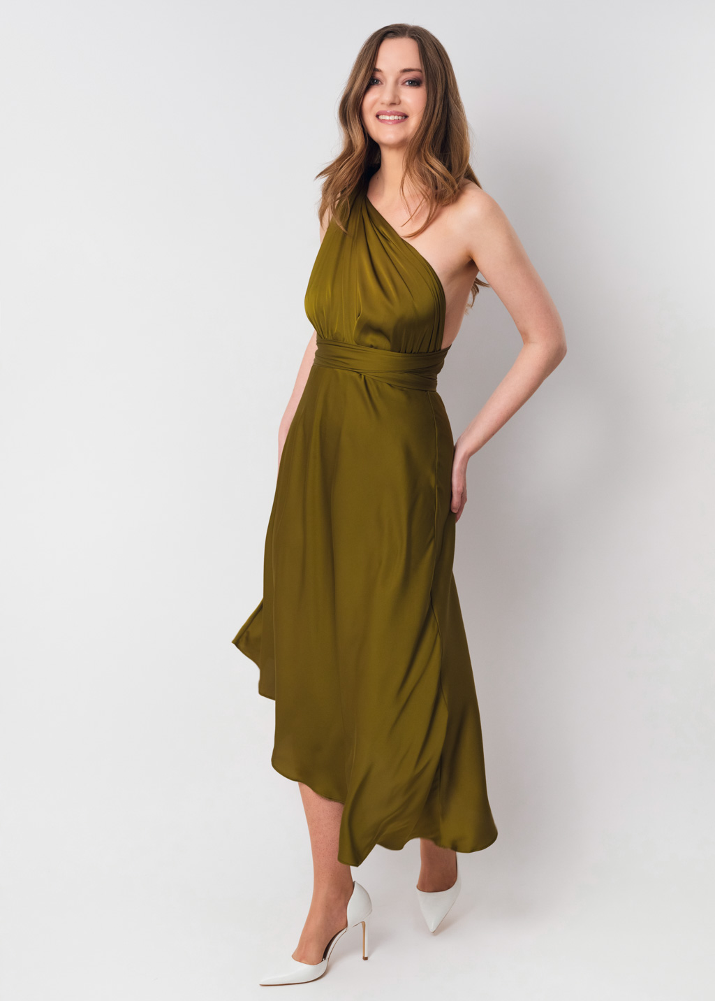 Olive silk infinity asymmetric dress