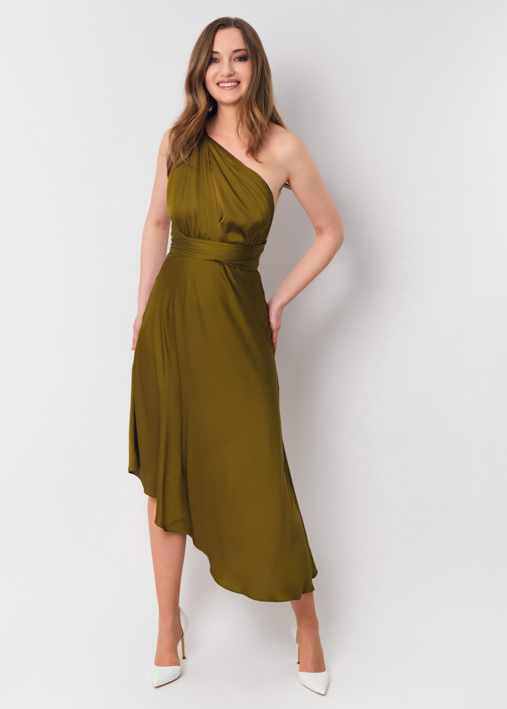 Olive silk infinity asymmetric dress