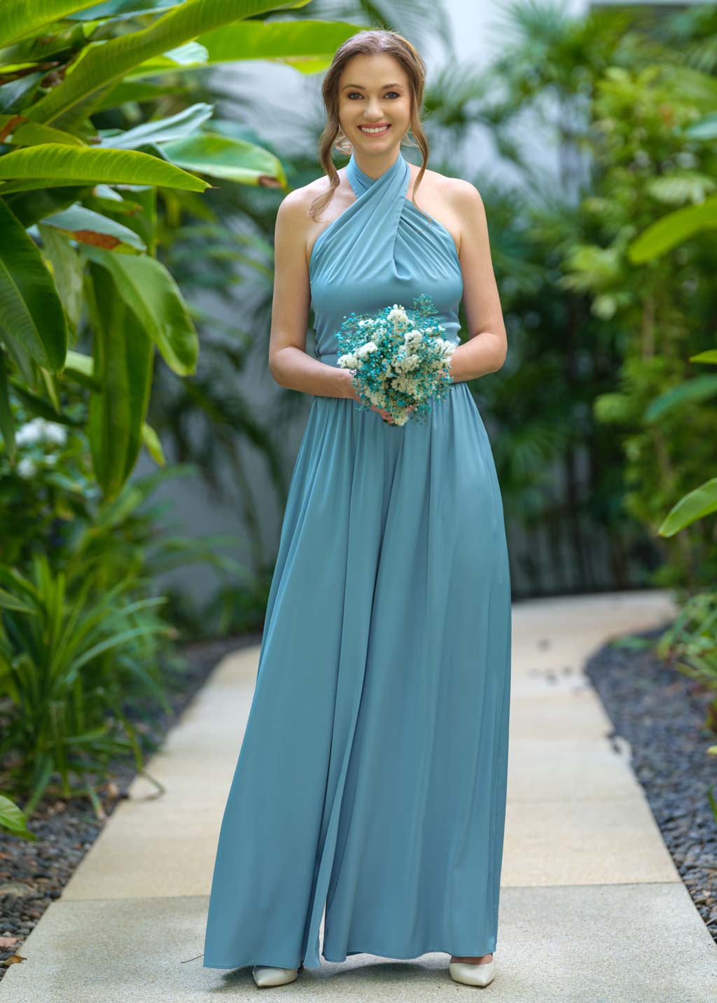 Dusty blue open back halter silk jumpsuit