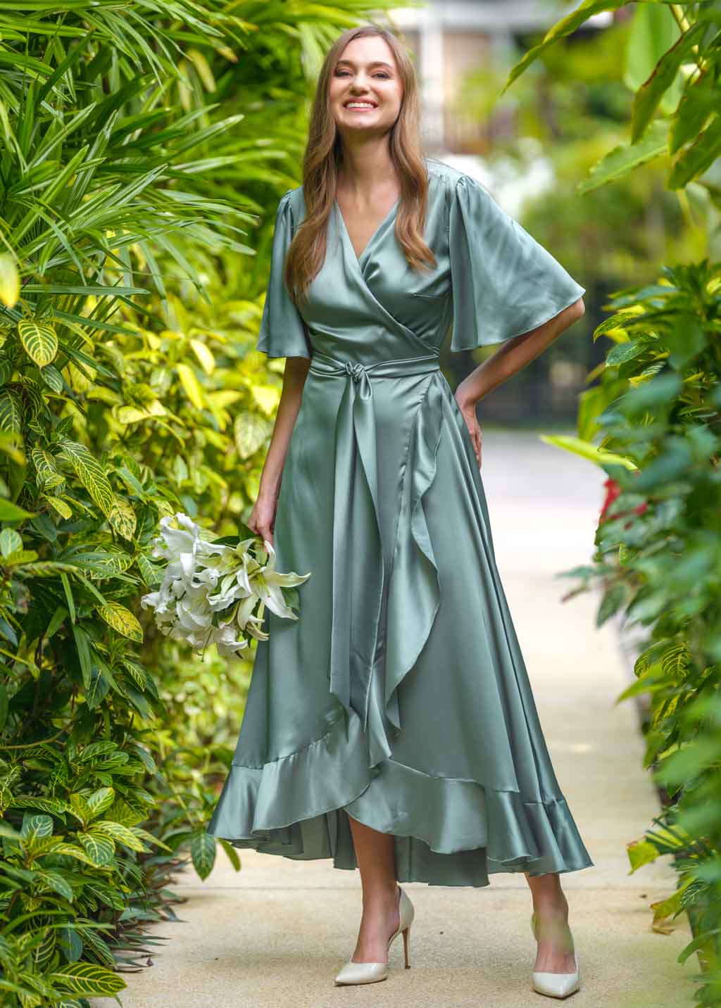 Sage green wrap silk dress