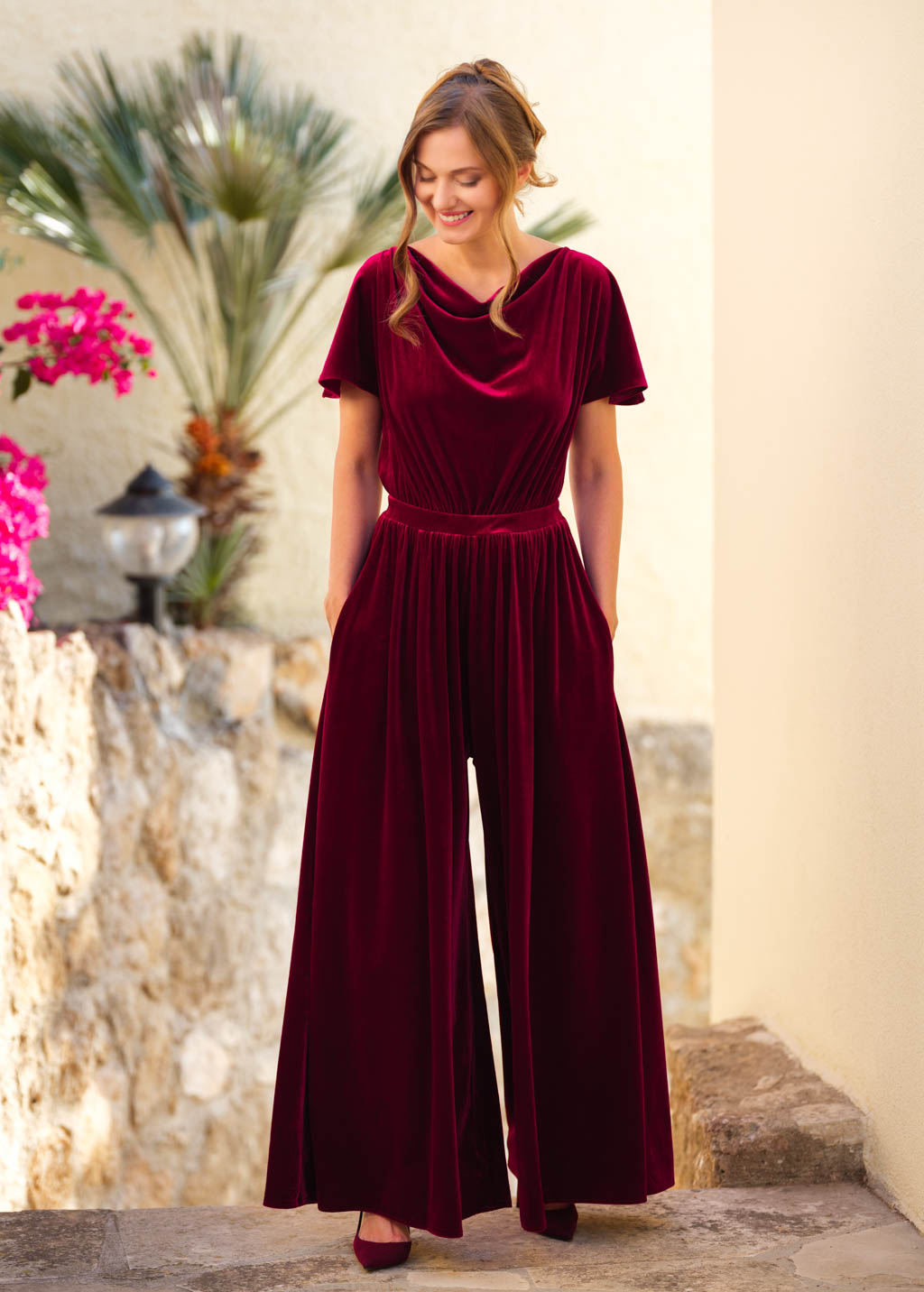 Burgundy velvet jumpsuit