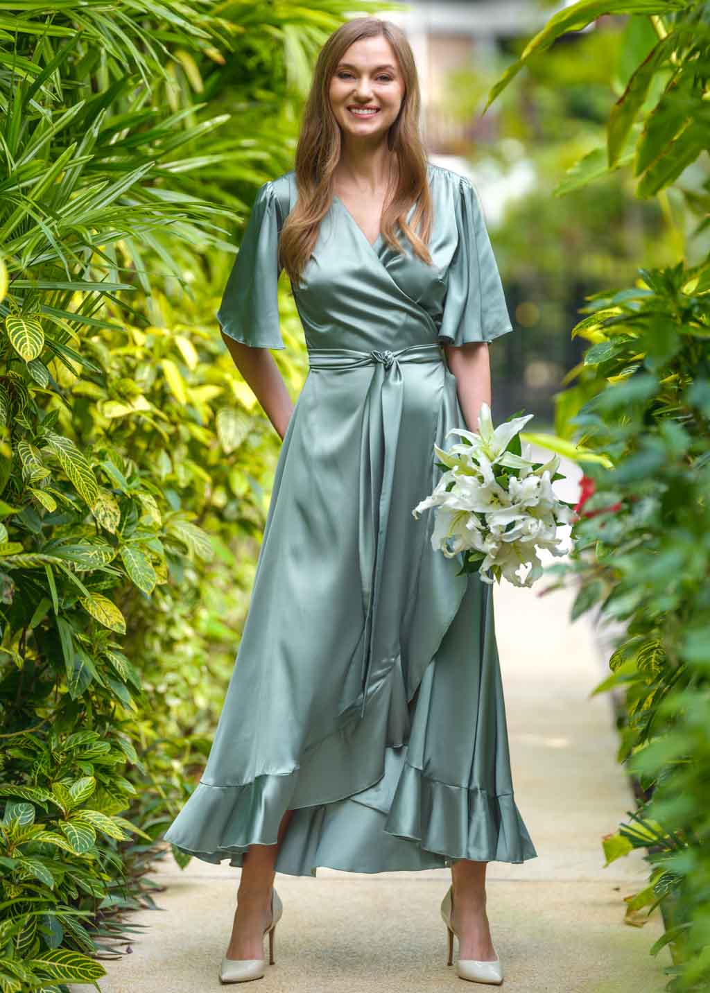 Sage green wrap silk dress