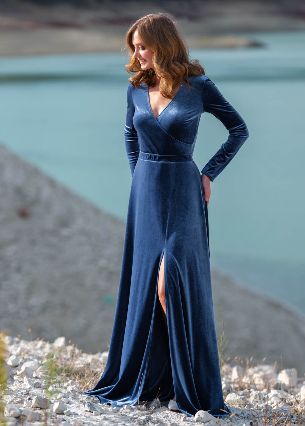 Steel blue velvet slit wrap dress