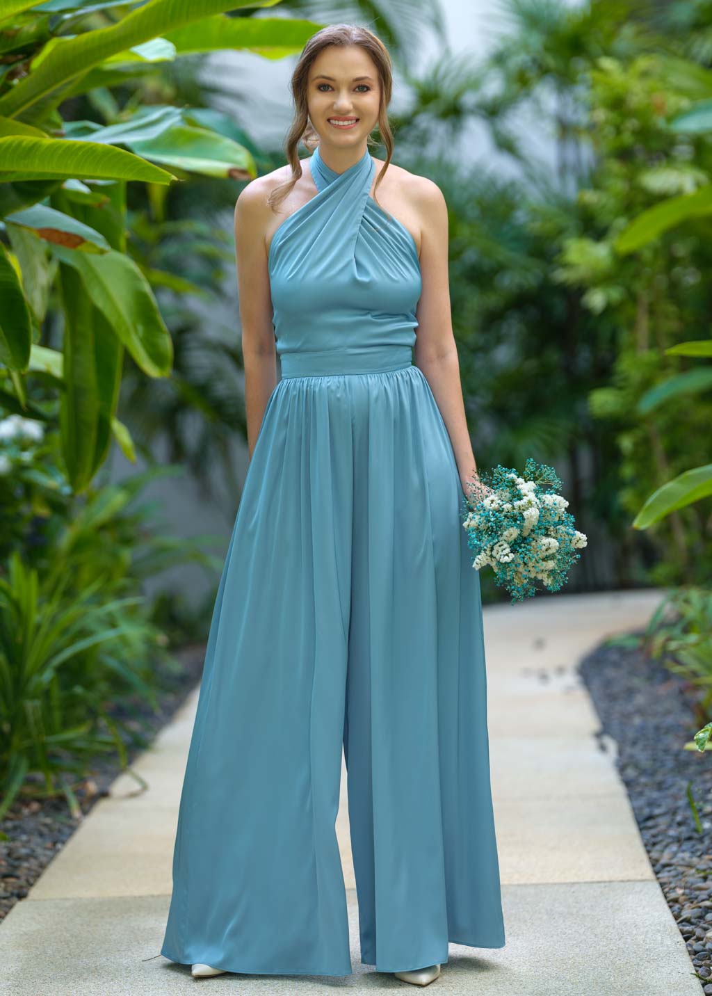 Dusty blue open back halter silk jumpsuit