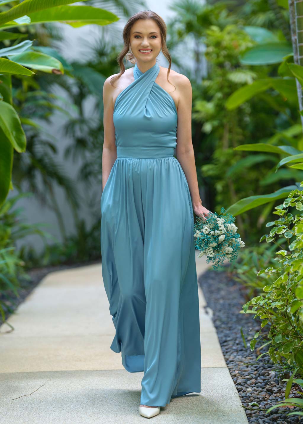 Dusty blue open back halter silk jumpsuit