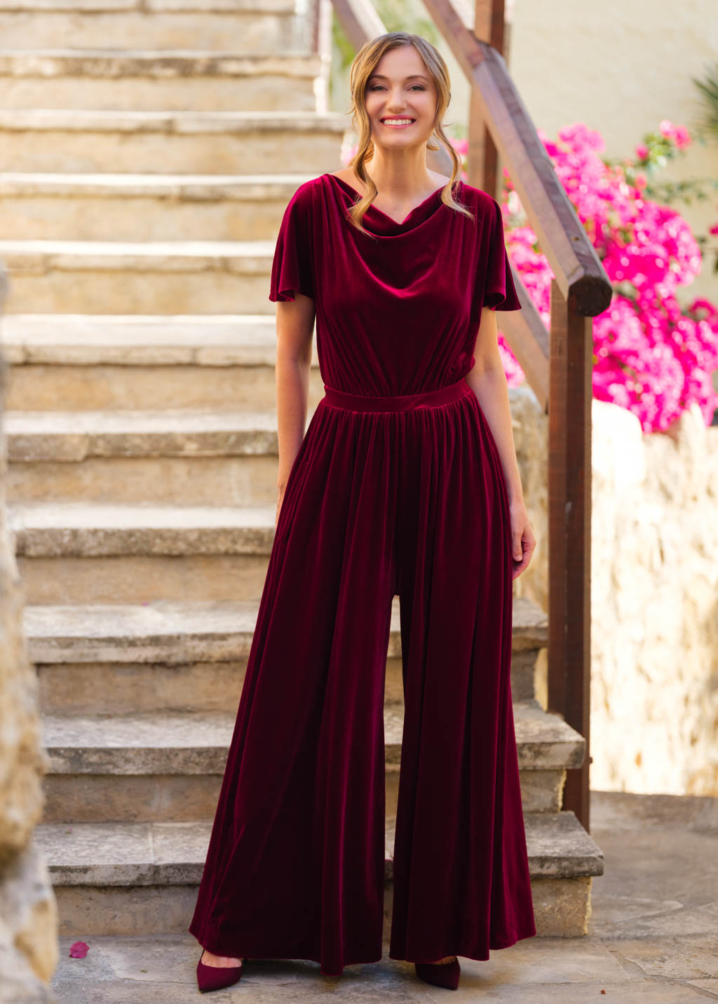 Burgundy velvet jumpsuit