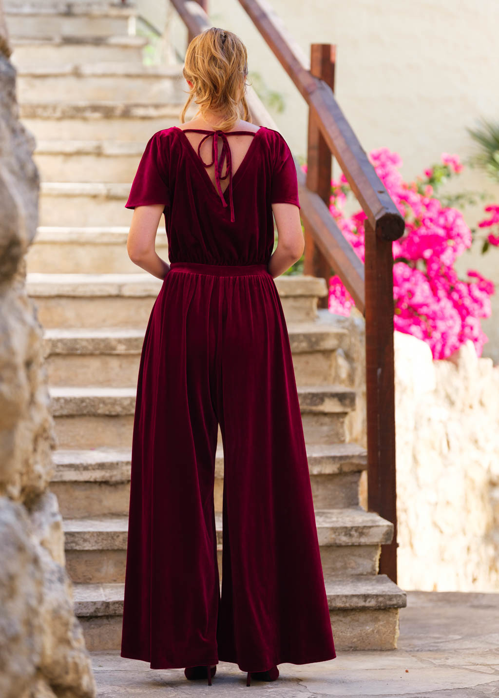 Burgundy velvet jumpsuit