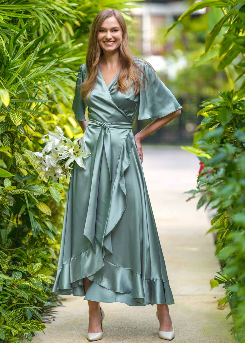 Sage green wrap silk dress