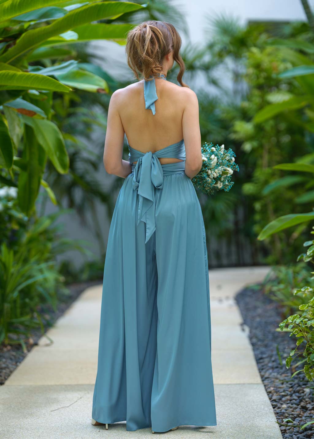 Dusty blue open back halter silk jumpsuit