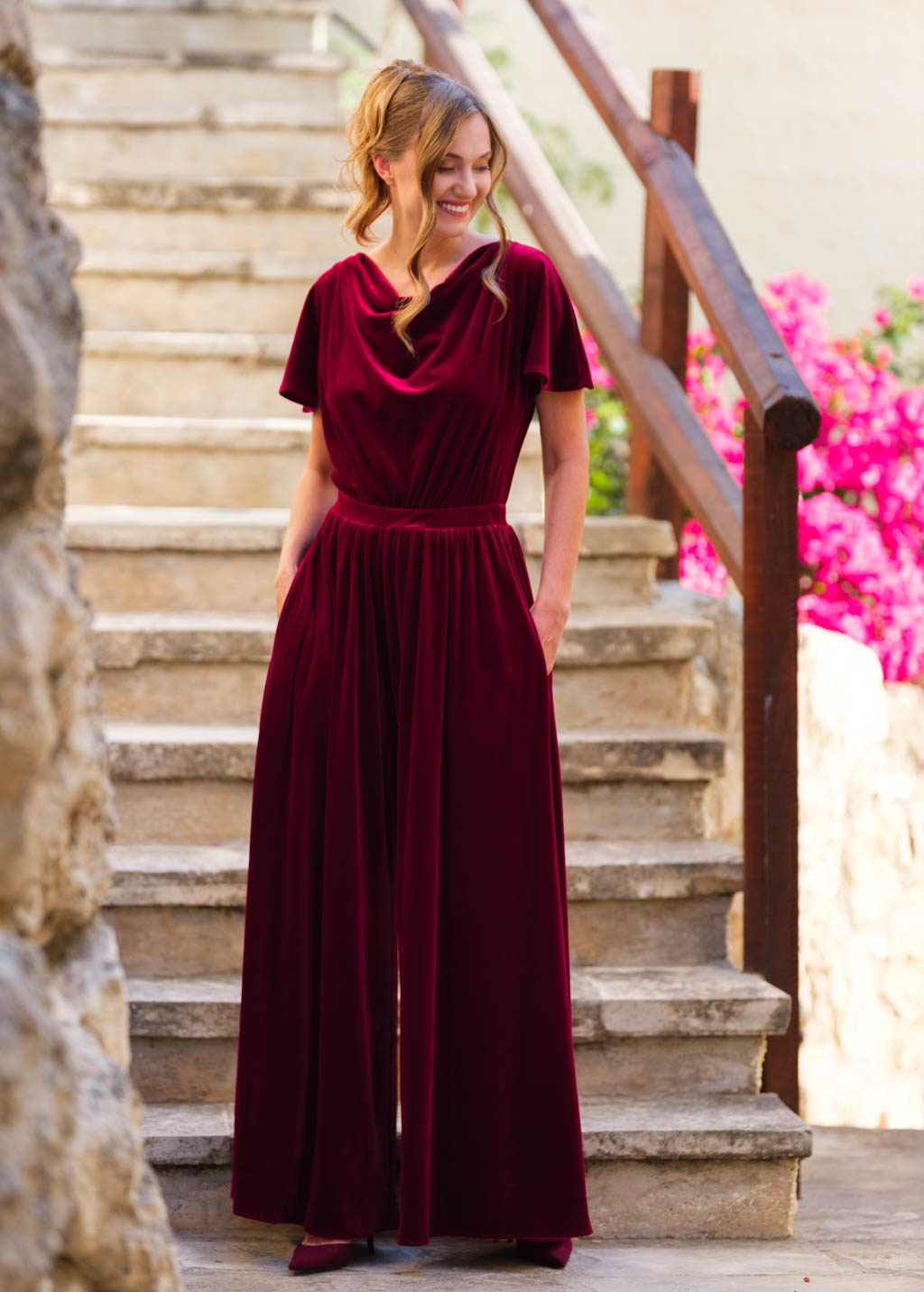 Burgundy velvet jumpsuit