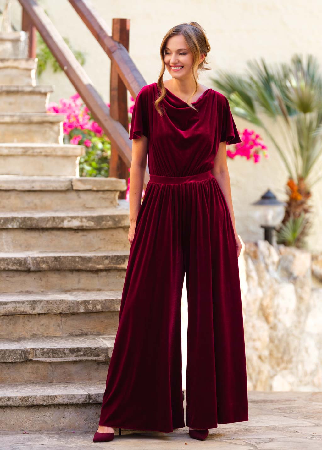 Burgundy velvet jumpsuit