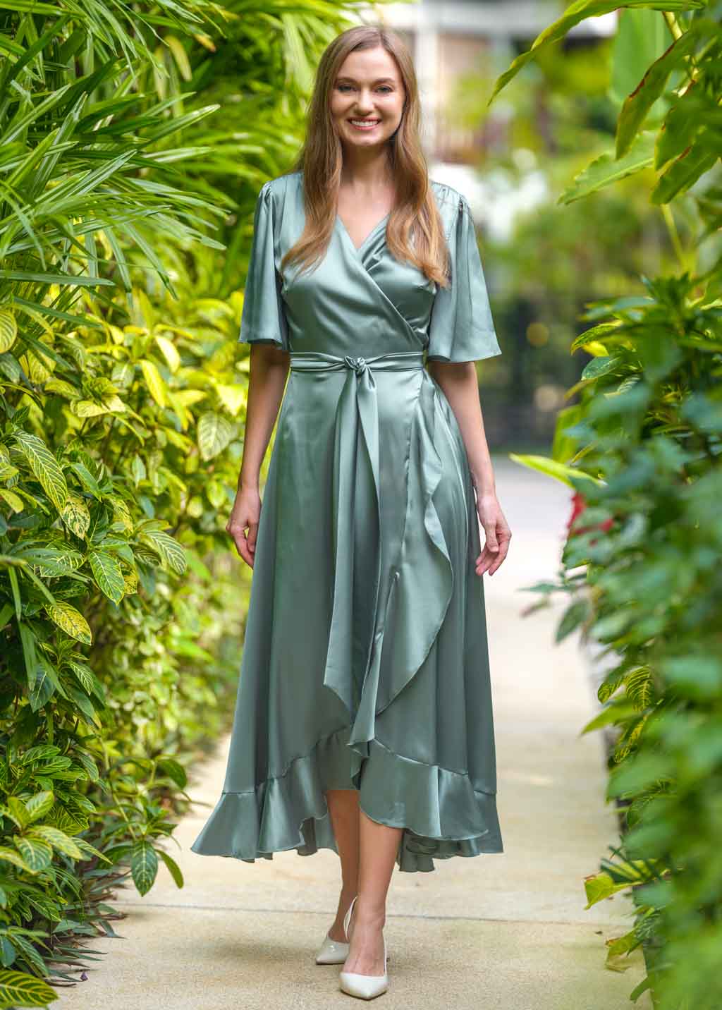 Sage green wrap silk dress