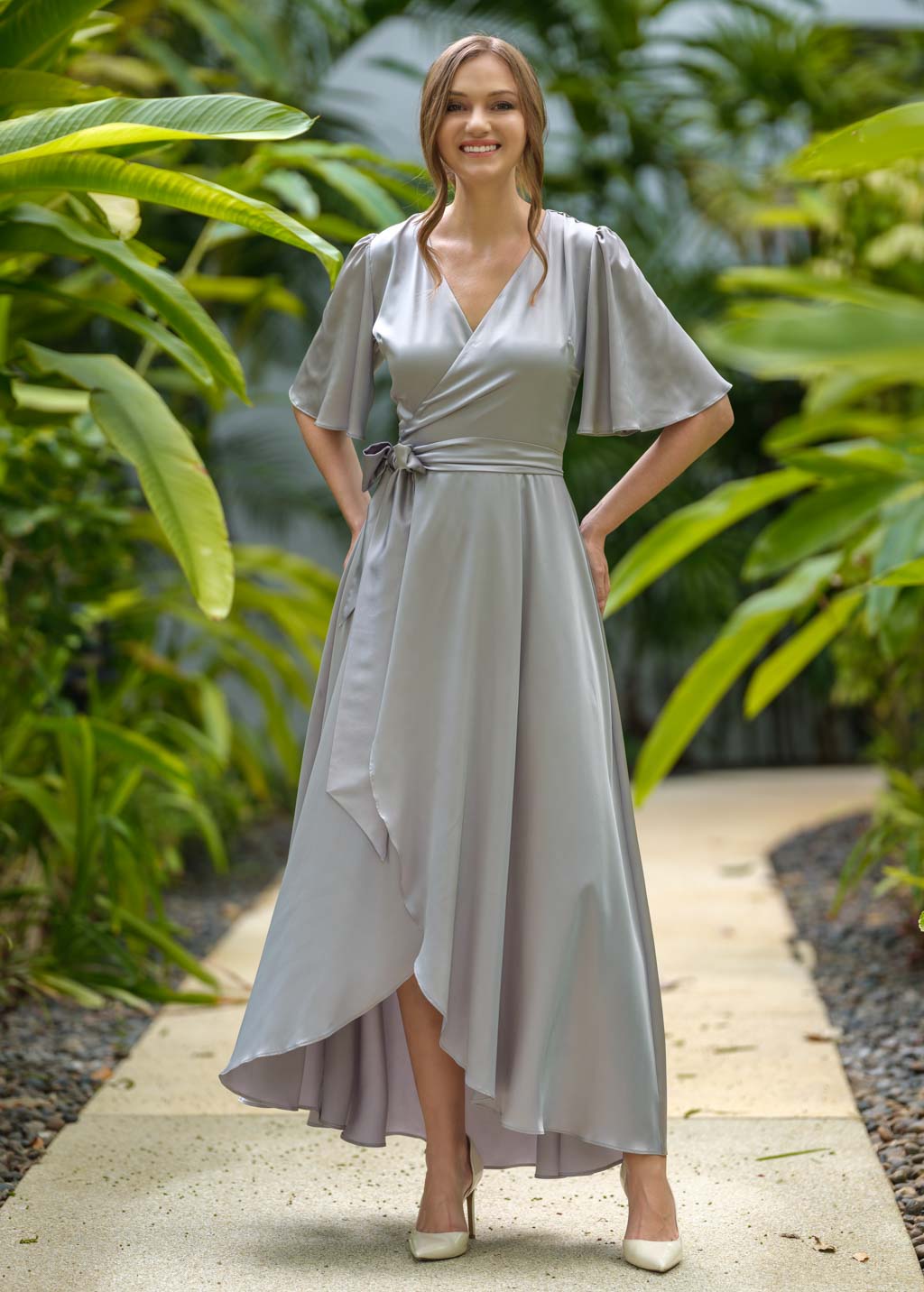 Silver grey silk long wrap dress