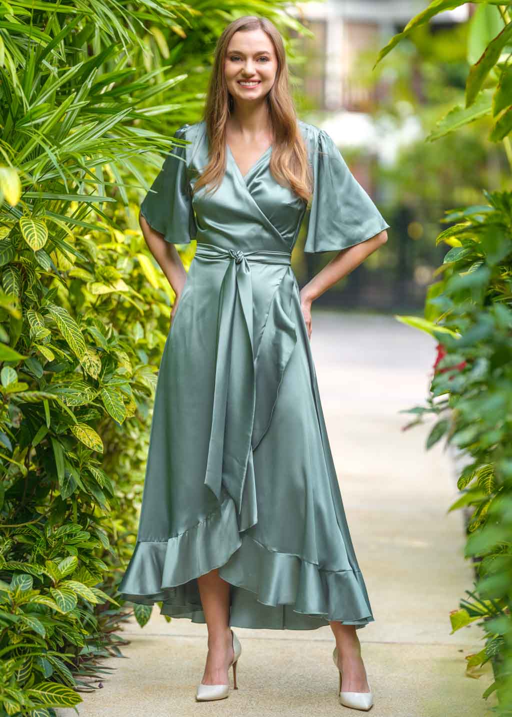 Sage green wrap silk dress