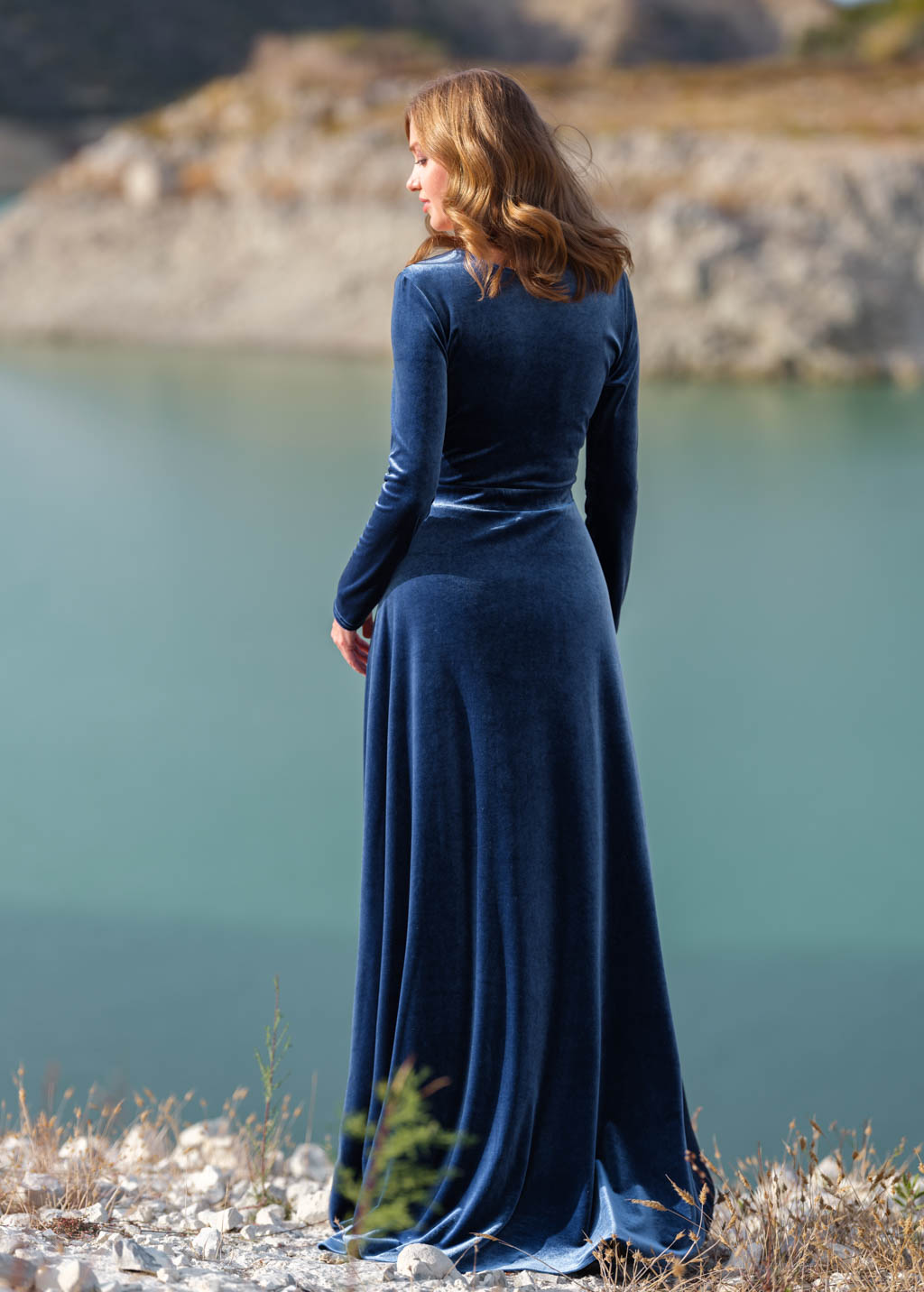 Steel blue velvet slit wrap dress