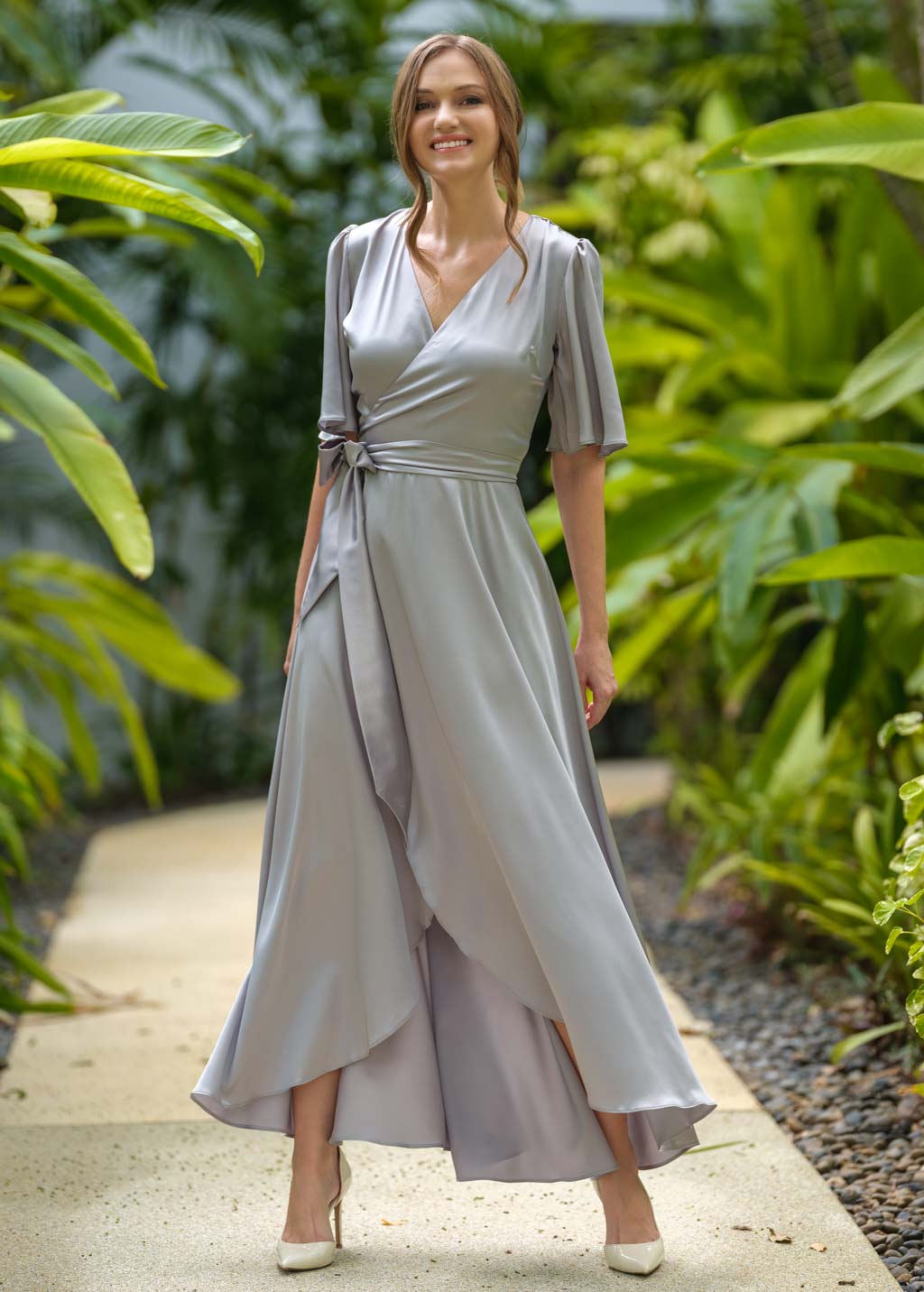 Silver grey silk long wrap dress