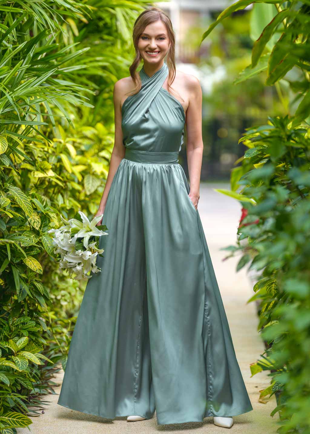 Sage green open back halter silk jumpsuit