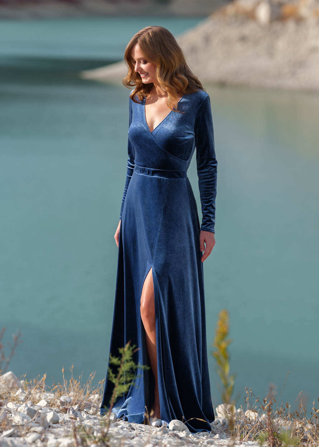 Steel blue velvet slit wrap dress