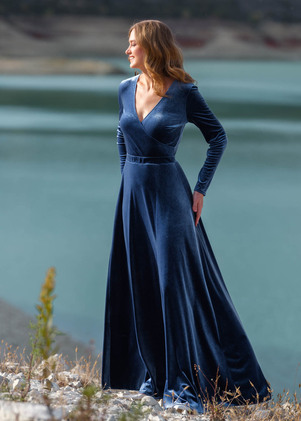 Steel blue velvet slit wrap dress