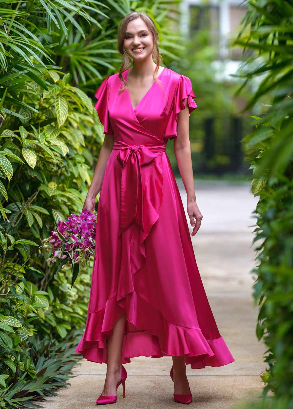 Hot pink silk wrap dress