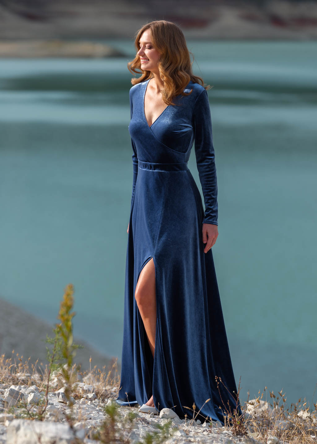 Steel blue velvet slit wrap dress