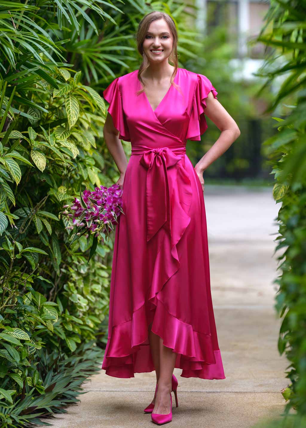 Hot pink silk wrap dress