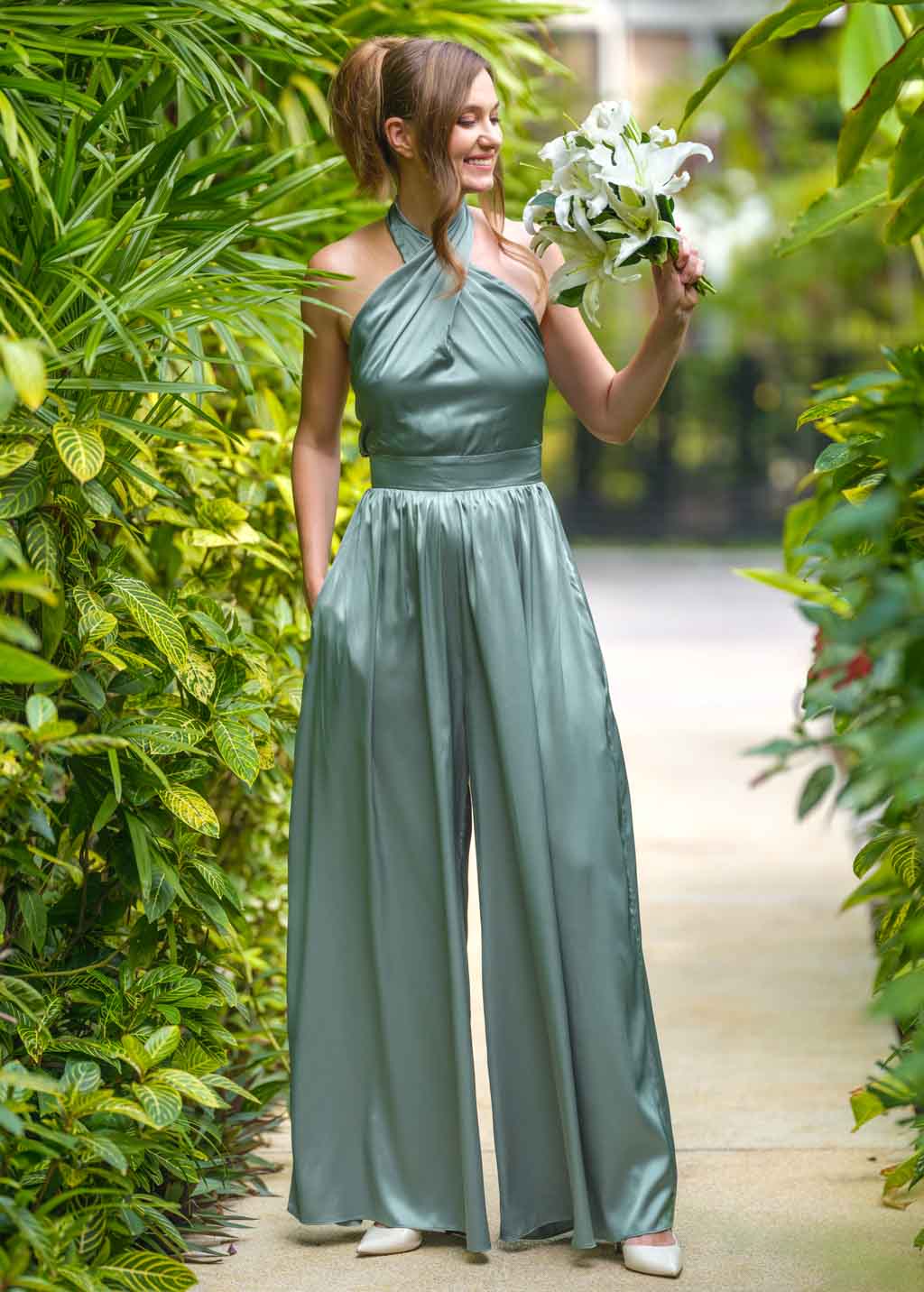 Sage green open back halter silk jumpsuit