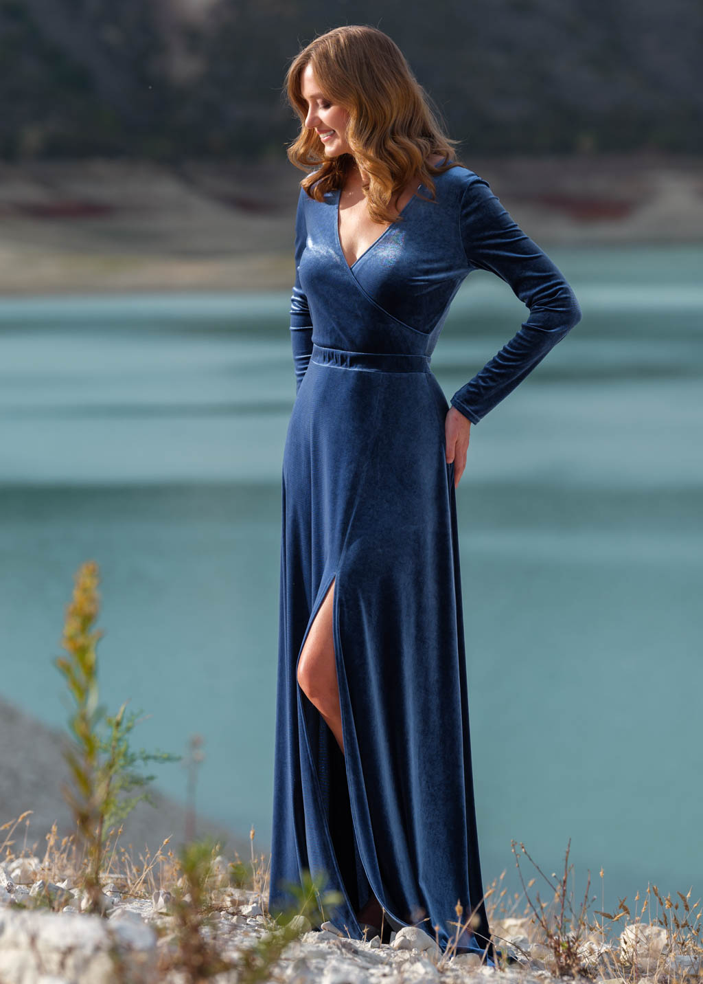 Steel blue velvet slit wrap dress