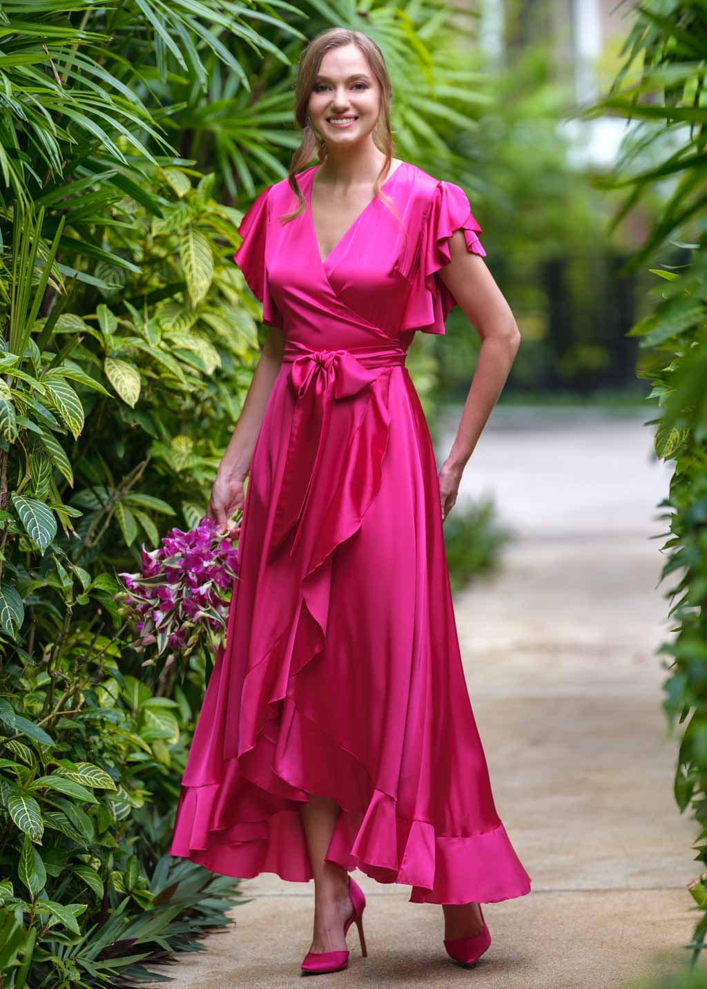 Hot pink silk wrap dress