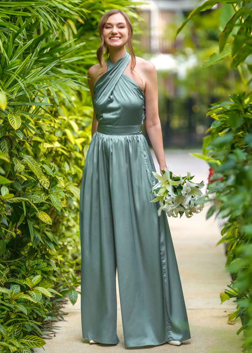 Sage green open back halter silk jumpsuit