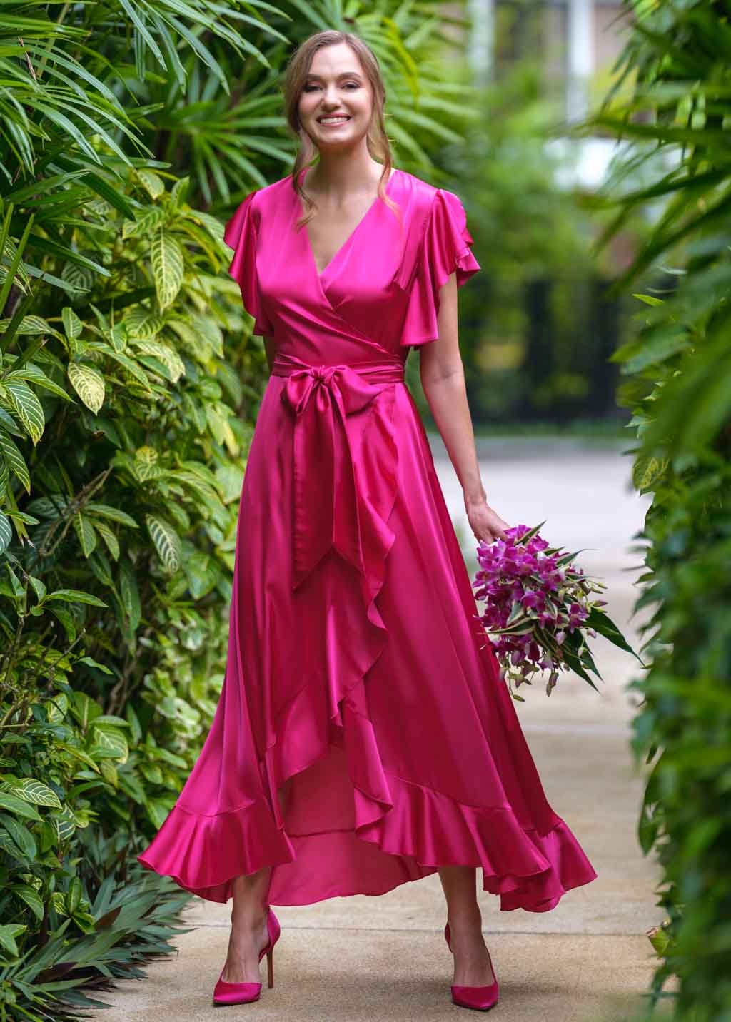 Hot pink silk wrap dress