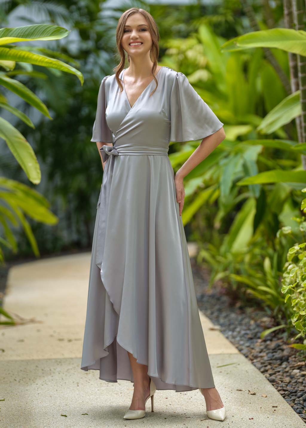 Silver grey silk long wrap dress