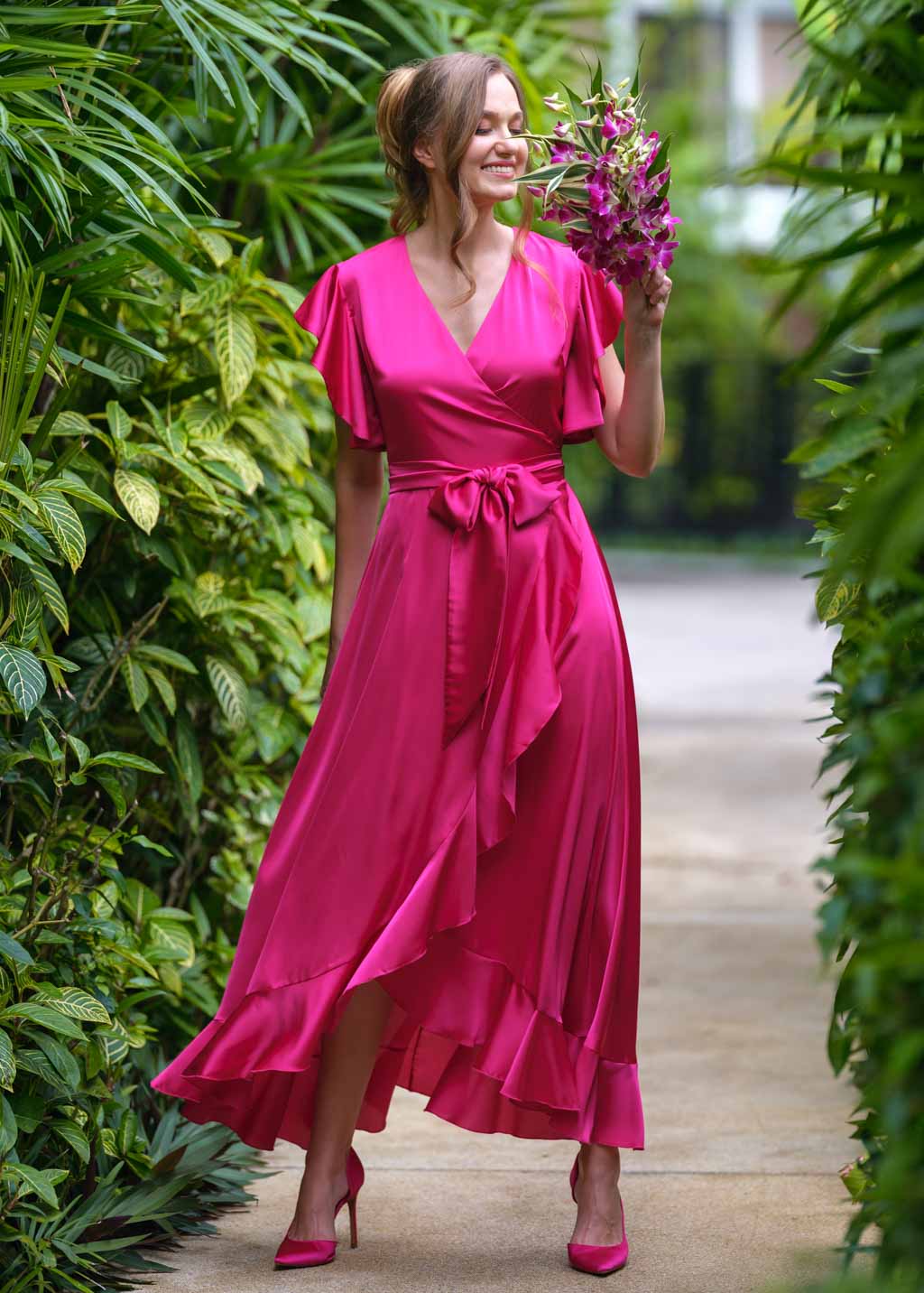 Hot pink silk wrap dress