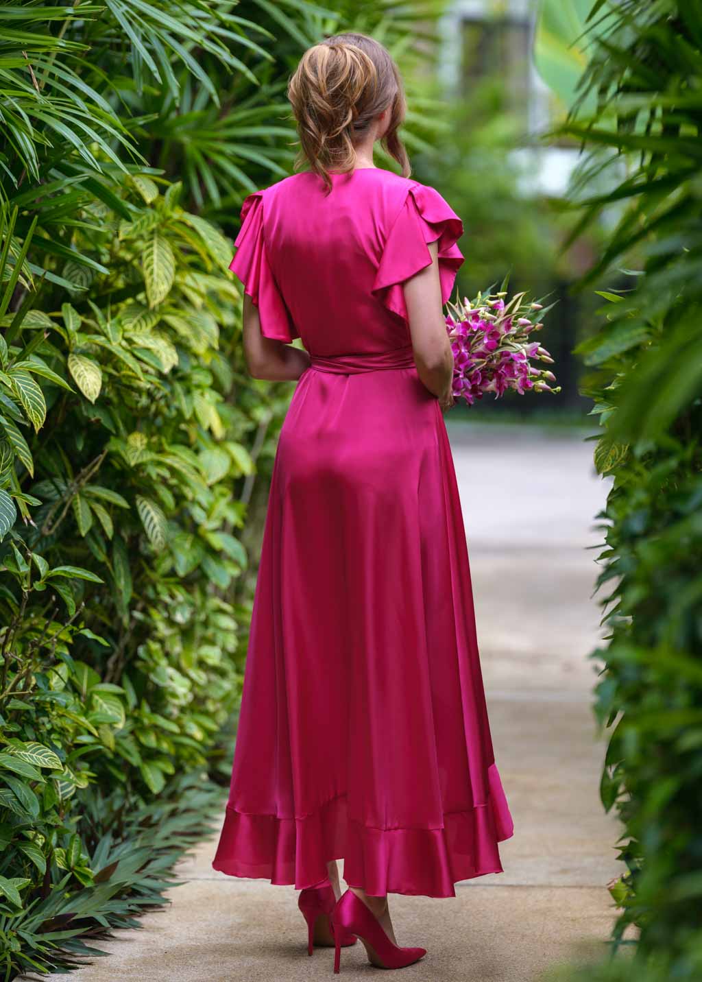 Hot pink silk wrap dress