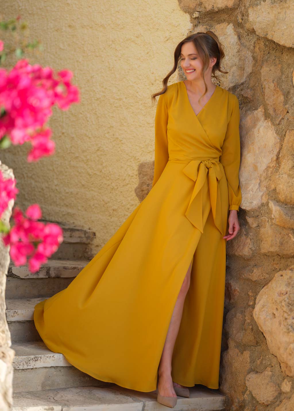 Gold chiffon wrap long dress