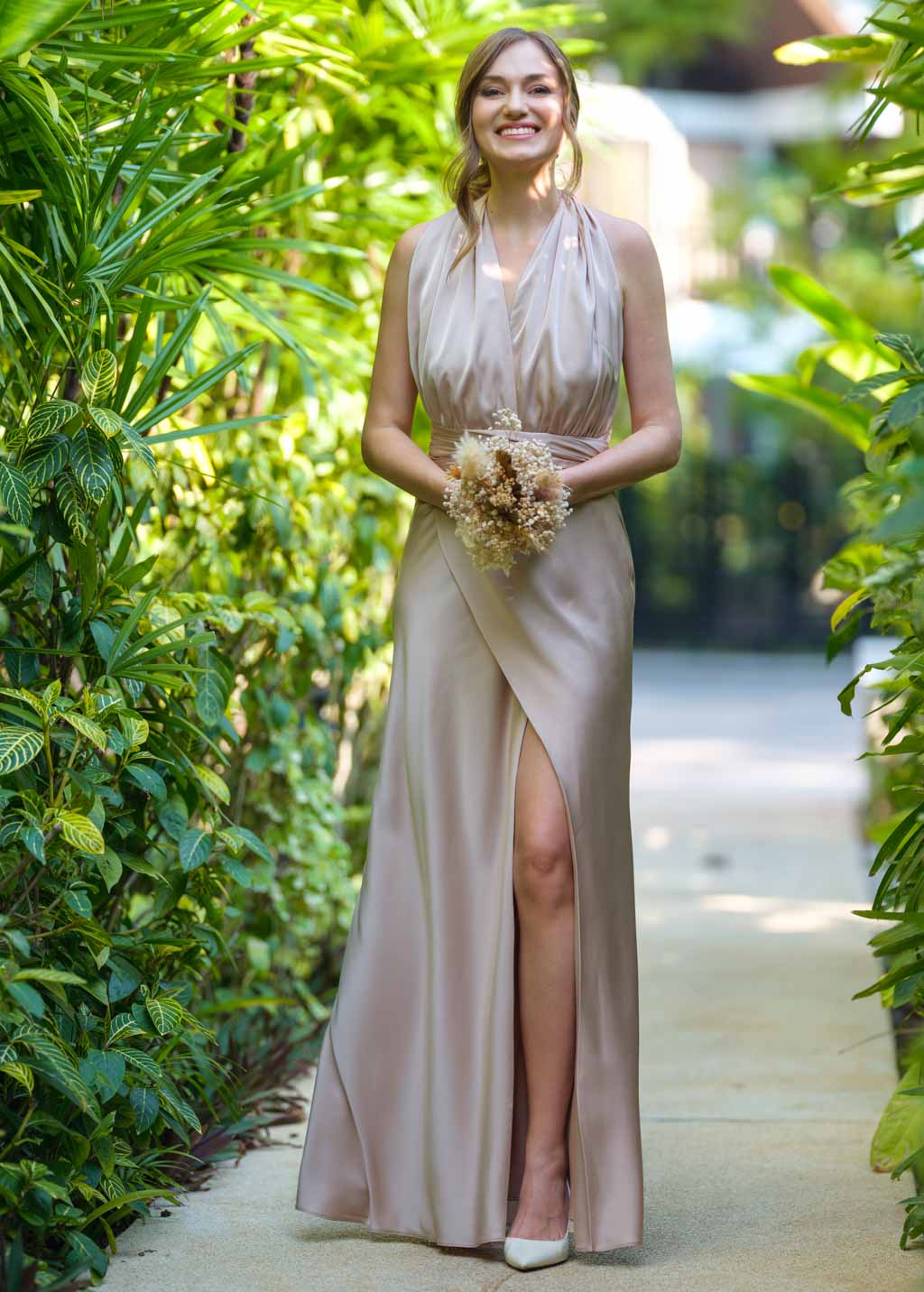 Champagne beige infinity long  slit dress