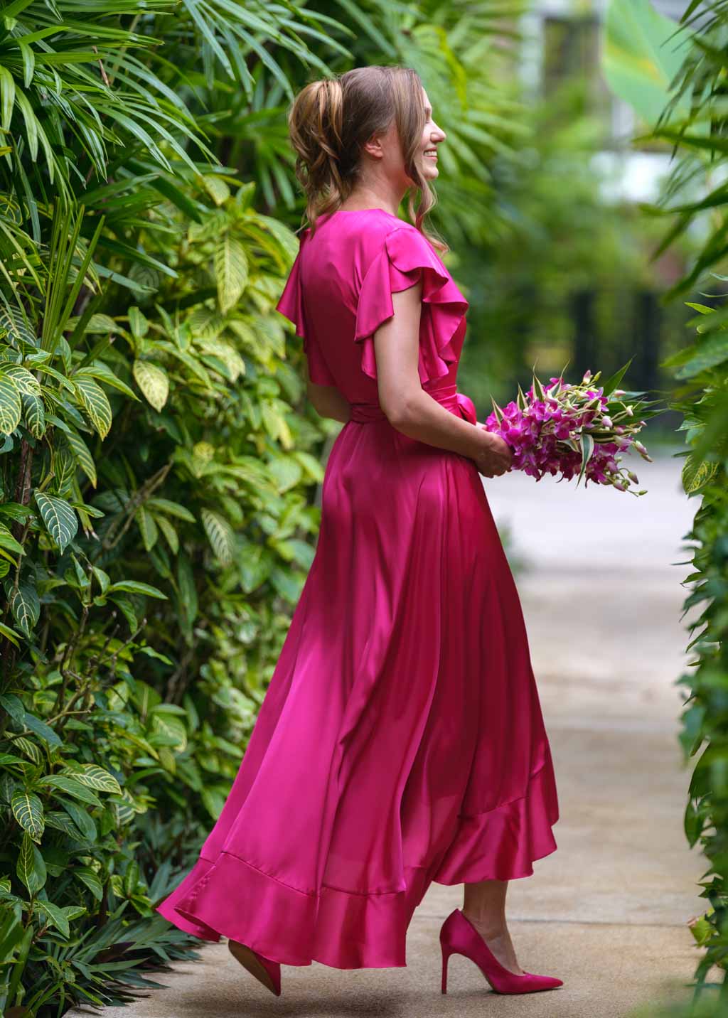 Hot pink silk wrap dress